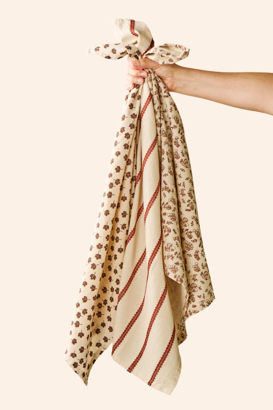 Torchon en coton fleuri – Beige et vert
