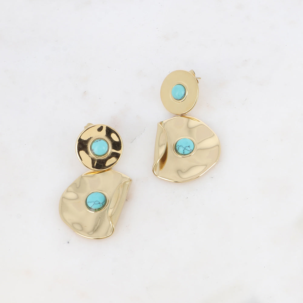 Boucles pendantes - double pièce ronde recourbée et martelée avec pierre naturelle