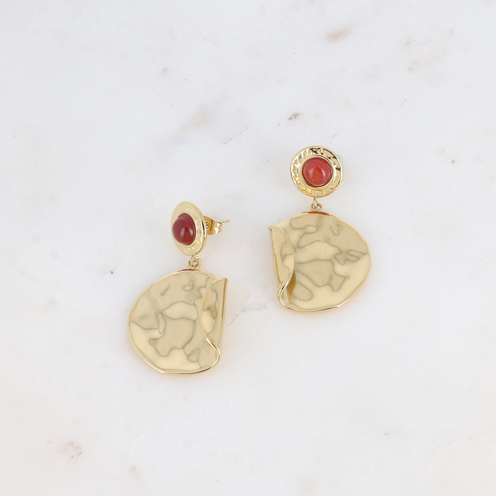 Boucles pendantes - pierre naturelle et pièce ronde recourbée et martelée